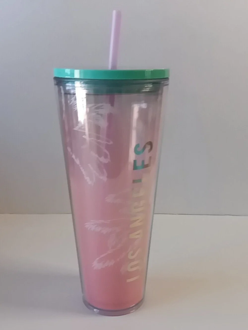 Starbucks Palm Tree Pink Los Angeles 24oz Cold Tumbler Green Lid & Pink Straw